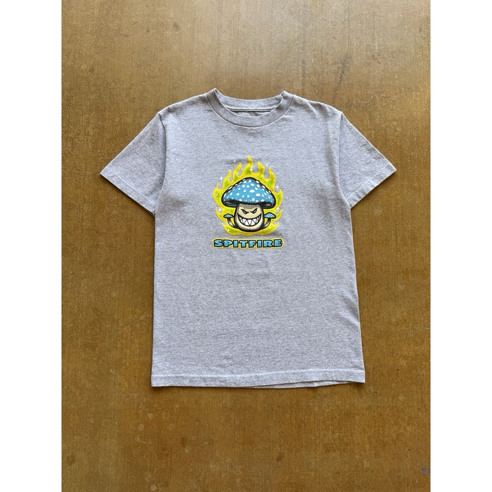 Spitfire Mushroom Flames Fire Spell Out Gray T-Shirt Skater Surfer Y2K (S)